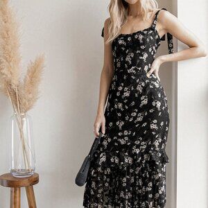 Lulus Terrace Views Black Floral Print Tiered Midi Dress NWT